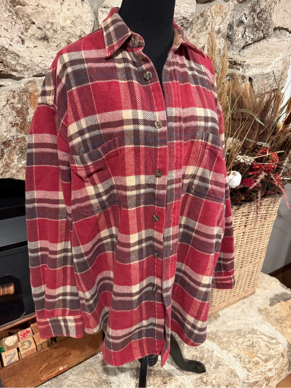 St. John's Bay Heavy Flannel Red and Burgundy Shacket